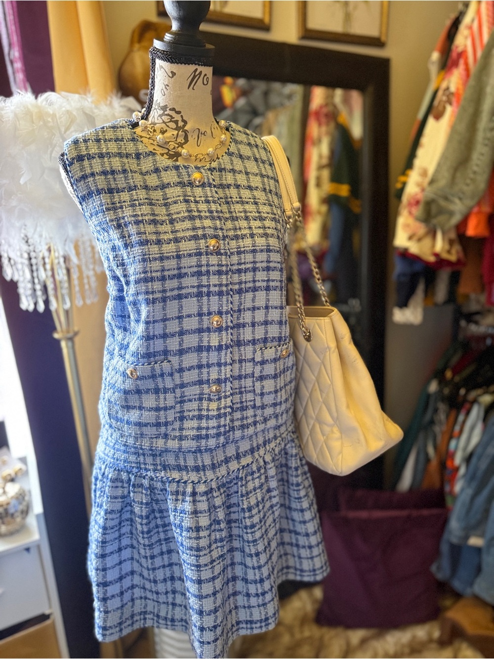 Blue Plaid Tweed Sleeveless Vest and Skirt Set- Elegant Casual